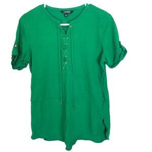 Lauren Ralph Lauren Womens Lace Up Shirt Kelly Green Size L Casual Preppy Cotton